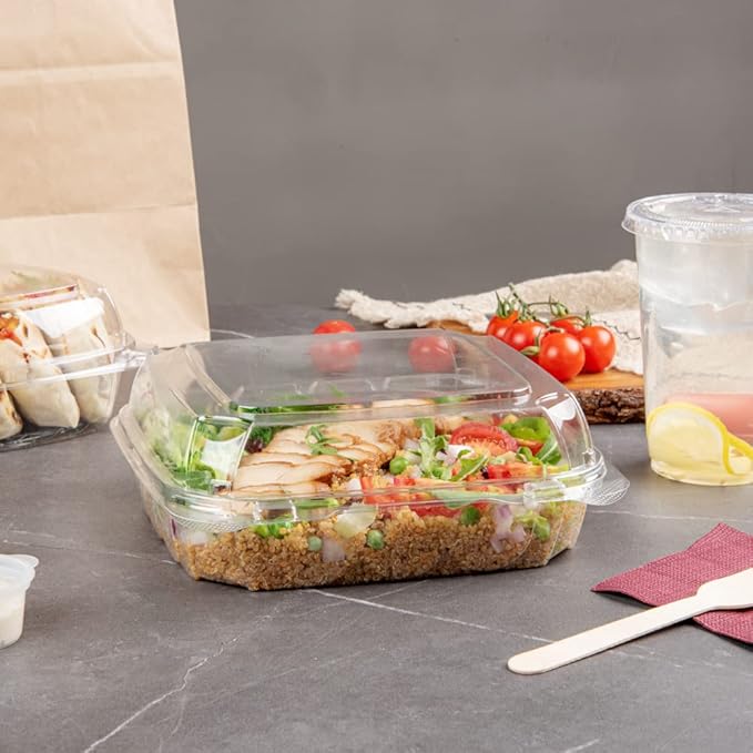 Restaurantware Thermo Tek 33.8 Ounce Clamshell Containers 100 Anti-Fog To Go Food Containers - Freezable Square Clear Plastic Food Packaging Containers Disposable