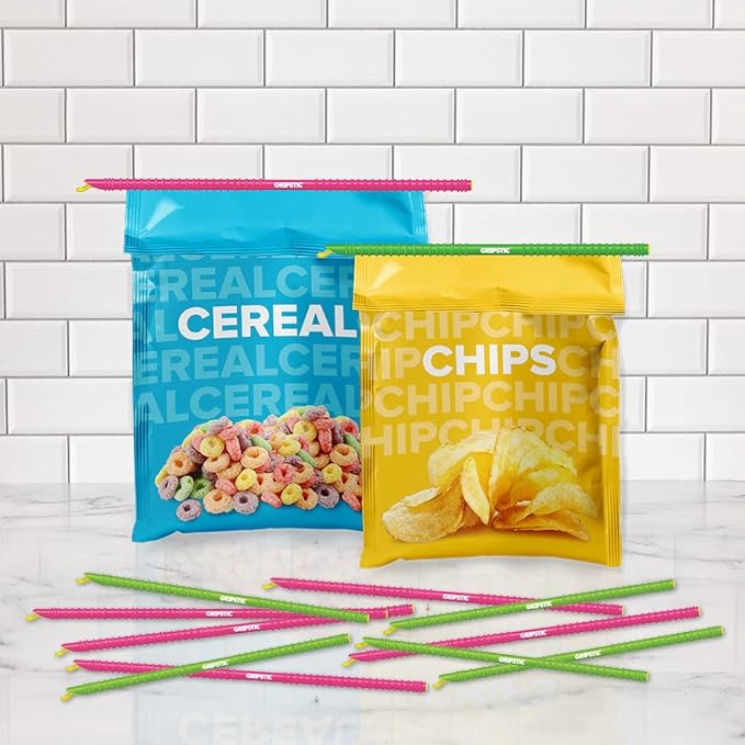 GripStic Bag Sealer - Reusable Chip Clips, Bag Clips. Patented. Airtight & Waterproof Seal on Food Storage Bags, Kids Snacks & More. Near Zero Waste. 12ct XLarge