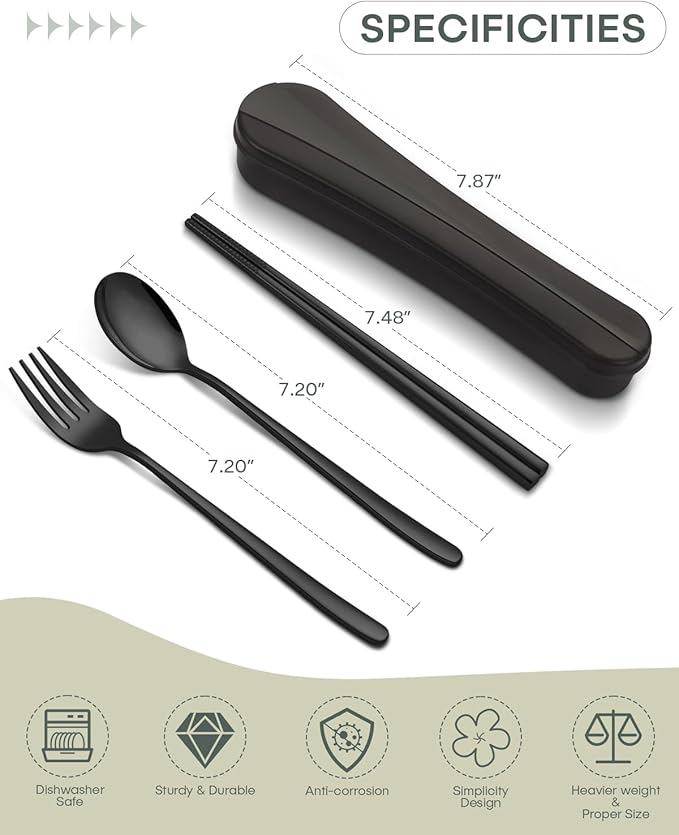 2 Pack Travel Utensils with Case, PHILIPALA Portable Reusable Silverware Set for Lunch Work Picnic, 18/8 Stainless Steel Camping Cutlery Set Includes Fork Spoon Chopsticks(Black)