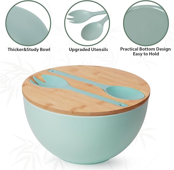 11.3" Extra Large Salad Bowl with Wooden Lid & Servers, 208Oz, Oversized Bamboo Fiber Salad Serving Set with Utensils for Home/Kitchen, Big Lightweight Bowl for Mixing Salad,Fruit,Pasta - Turquoise