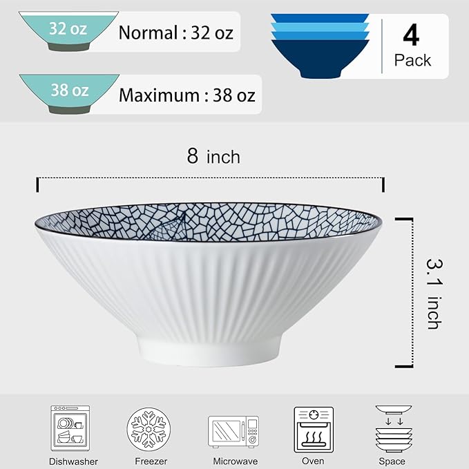 38 oz Japanese Ramen Bowls Set of 4, Large Pho Bowls, 8 Inch Ceramic Blue and White Soup Bowls, Leaf Pattern