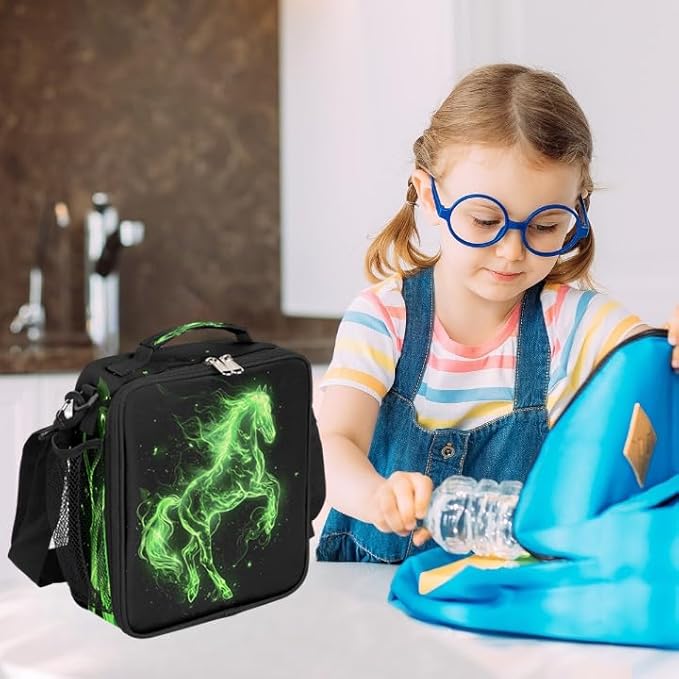 Lunch Box for Kids Boys Girls Green Fire Horse Kids Lunch Bag Insulated Lunch Bag Tote with Adjustable Shoulder Strap Teens Lunchbox Cooler School Picnic