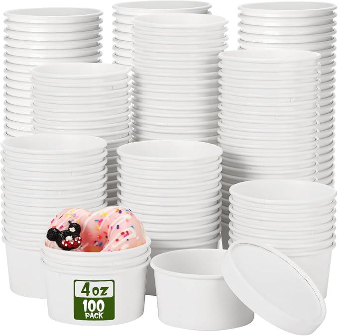 Fulmoon 100 Pack Paper Soup Containers with Lids Disposable Paper Food Containers with Vented Lids Kraft Ice Cream Bowls Soup Cup Ice Cream Cups for Restaurants(4 oz,White)