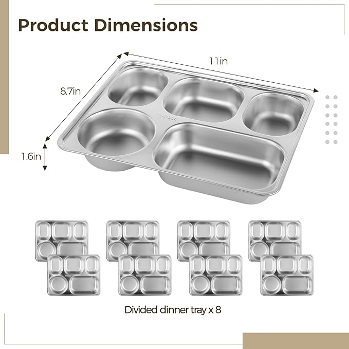 OMISTAR 8 Pcs Stainless Steel Divided Plates, Rectangular 5 Sections Portion Control Plates, Metal Food Tray for Lunch, Dinner, Campers, Picky Eaters, Unbreakable Lunch Container without Mixing Foods