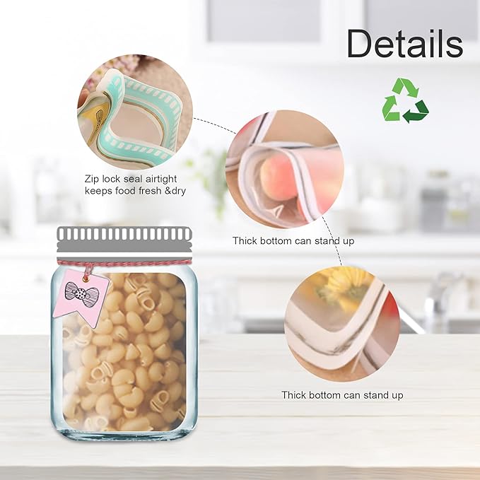 Enkrio 45Pcs Mason Jar Zipper Bags Resuable Snack Bags Portable Food Storage Snack Zipper Bags for Kitchen Travel Camping Picnic Organizer (15S 15M 15L)