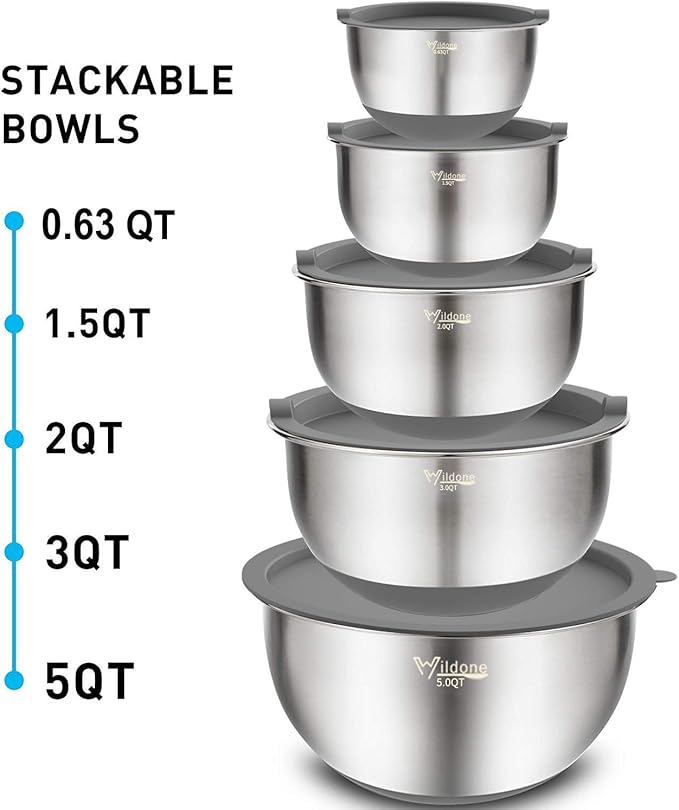 Wildone Mixing Bowls with Lids Set, 5PCS Stainless Steel Grey Nesting Bowls with 3 Grater Attachments, Measurement Marks & Non-Slip Bottoms, Size 5, 3, 2, 1.5, 0.63 QT, Great for Mixing & Serving