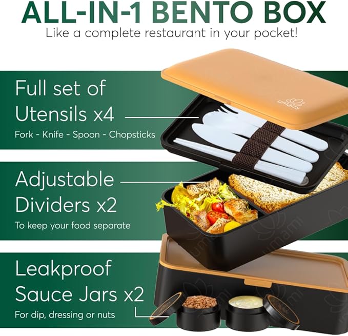Umami Bento Box Adult All-in-1 w/ 4 Utensils, 100% Leakproof, Dishwasher & Microwave Safe Lunch Containers for Adults w/ 4 Compartments, Black & Gold, 40 oz