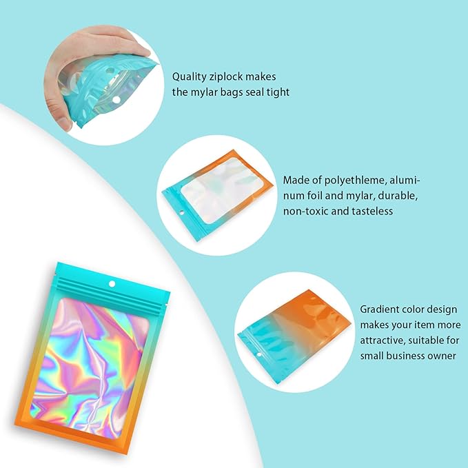 100 Pieces Resealable Mylar Bags, Smell Proof Bags with Clear Window for Food Storage Party Favor Packaging Small Business (Green&Orange, 4.7×7.1 Inch)