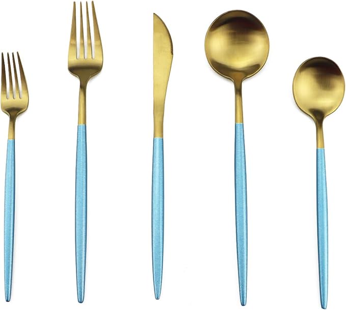 Gugrida Blue Gold Flatware, Royal 20 Piece Matte Blue Handle 18/10 Stainless Steel Tableware Sets for 4 Including Forks Spoons Knives, Camping Silverware Travel Utensils Set Cutlery (Blue Gold)