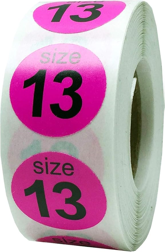 Shoe Size 13 Hot Pink Stickers for Retail Clothing – 3/4 Inch Round, 500 Semi-Gloss Adhesive Labels Per Roll for Footwear Inventory, Organization, and Display – Made in The USA