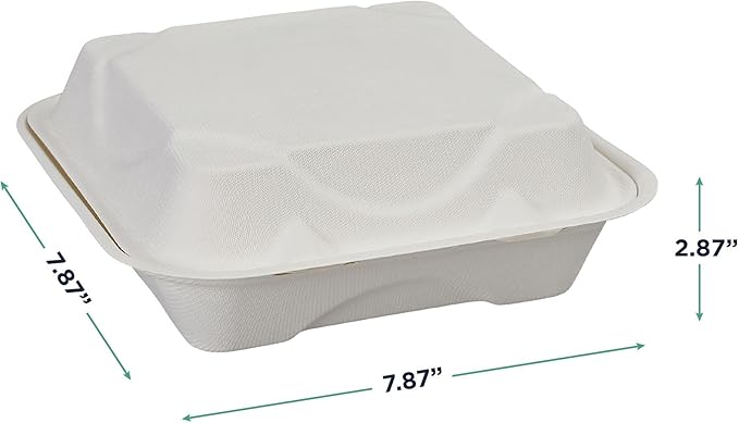 ECO PRODUCTS Compostable Vanguard 8" Clamshell To Go Containers, Case of 200, 3 Compartment, Square Take Out Food Box, White Renewable Molded Fiber, No-Added PFAS, ASTM Compliant, BPI-Certified