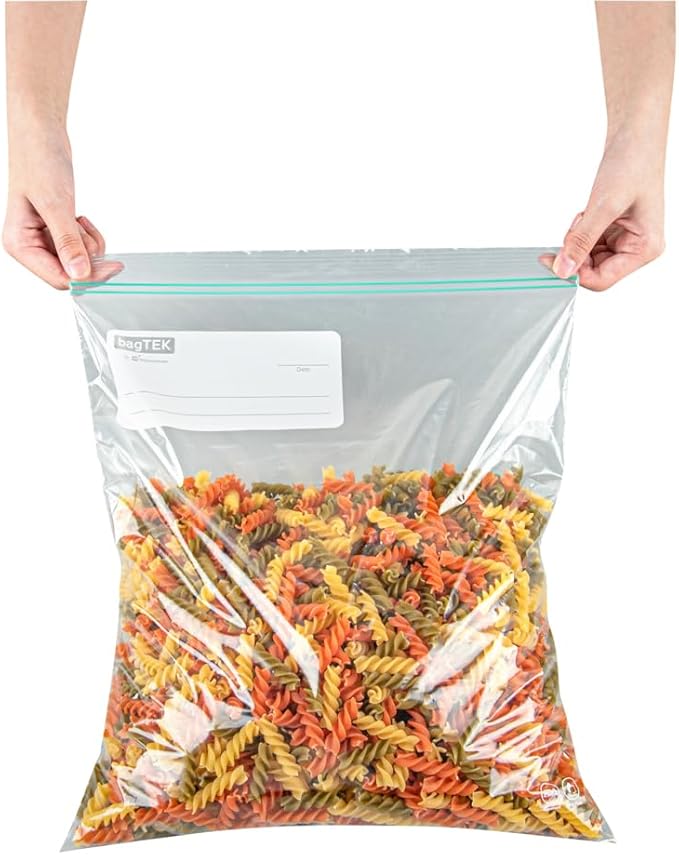 Restaurantware Bag Tek 2 Gallon Storage Zip Bags 25 Disposable Zipper Pouch Bags - Double Zipper Greaseproof Clear Plastic Zip Bags With Write-On-Label For Food Organization And Storage