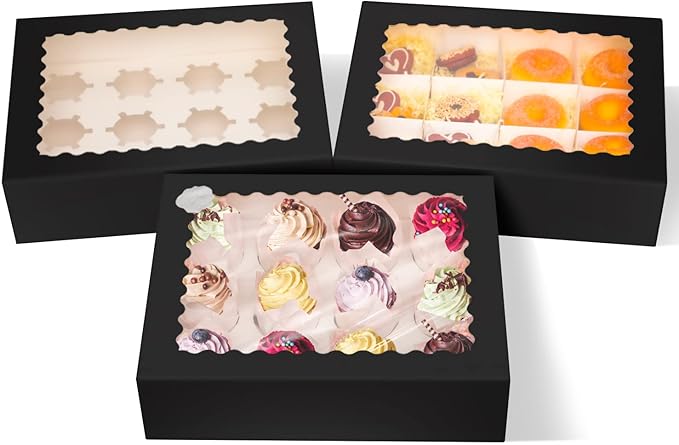 qiqee Black 12 Cupcake Boxes with Window 16-Packs Cupcake Box 13"x10"x3.5" Cupcakes Carrier, 12 Cupcake Containers