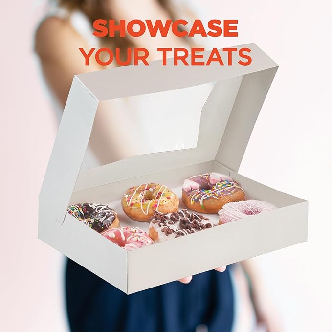 Fit Meal Prep 200 Pack White Bakery Boxes with Window, 12 x 8 x 2.25 Inches Auto-Popup Cookie Boxes, Treat Boxes for Chocolate, Muffins, Donuts, Pastries and Macaroons