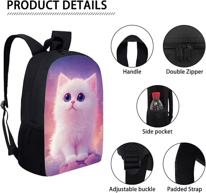 Dolyues White Cat 17-inch School Backpack, Convenient Dual-Shoulder Lunch Bag, & Practical Pencil Pouch – Ideal for Organizing School Supplies & Meals