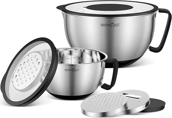 HAPPY KIT 18/8 Mixing Bowls With Lids Set of 2,Stainless Steel Mixing Bowl With Pour Spout, Non-slip Handle and Bottoms, 3 Grater Attachments, Measurement Marks & Lid, Size 5, 3QT(Black)