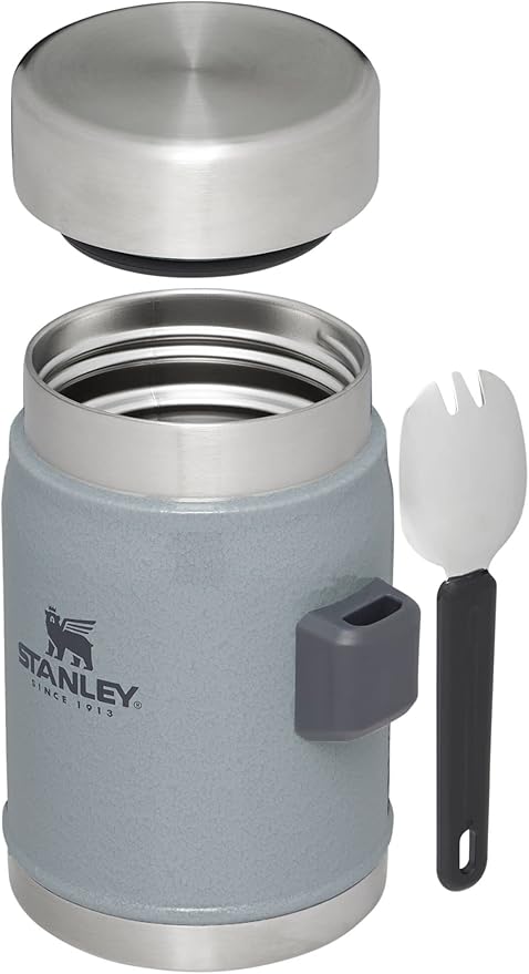 Stanley Classic Food Jar and Spork 14 oz | Vacuum Insulated Thermos Food Container | Wide Mouth Screw On Lid | Packable for Travel | Stainless Steel with Leakproof Lid | BPA-Free | Hammertone Silver