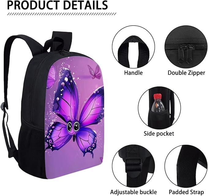 Dolyues Cartoon Butterfly Girls Backpack Combo: 17 Inch Bookbag with Ergonomic Straps, Matching Lunch Bag & Sparkling Pencil Case - Ideal Gifts for School Girls