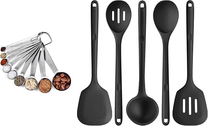 18/8 Stainless Steel Measuring Spoons Set for Dry and Liquid Ingredients (Set of 9), and 600℉ Heat Proof BPA-Free Solid/Slotted Sturdy Cooking Utensil Set of 5 for Non Stick Cookware, Black