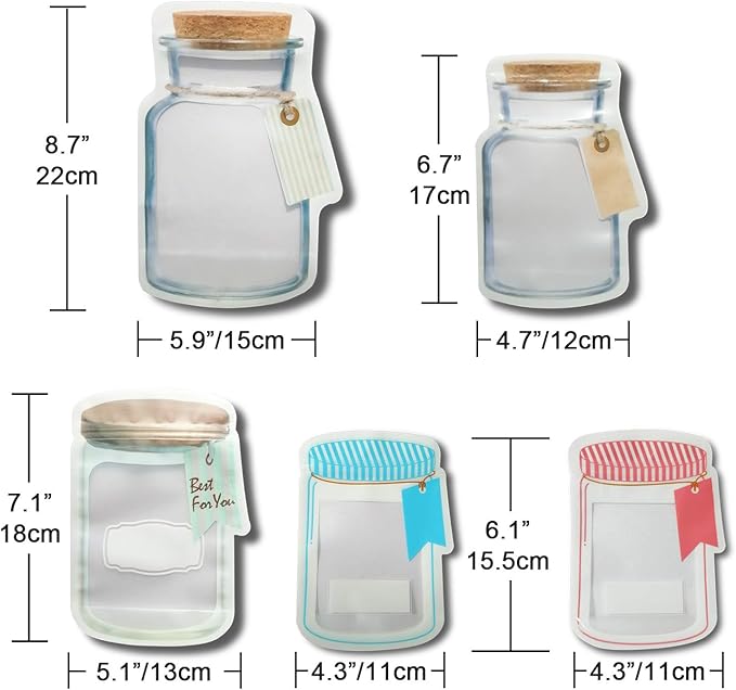 10 Pcs Reusable Jar Bags Mason Storage Bag for Food Snack Nut Dried Fruit Cookies, Safe Material Airtight Seal Leak-Proof Zip-lock Bottle Shaped Bag for Travel Camping Picnic Zipper Fresh Bags