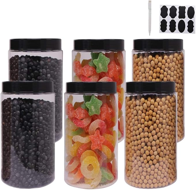 6 Pack 40 oz Plastic Jars With Lids, Extra Labels, 1 Pen, Clear PET Seal Jar for Food Storage,Wide Opening Storage jar for Dry Food, Peanut, Powder, Kitchen & Craft Storage
