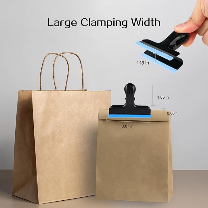HOUSE AGAIN 12 Pack Stainless Steel Chip Bag Clips Covered with Blue Silicone - NO More Sharp Edges - Color Coded for Food Bags - Air Tight Seal, Heavy Duty for Kitchen and Office, 3 Inches-Black
