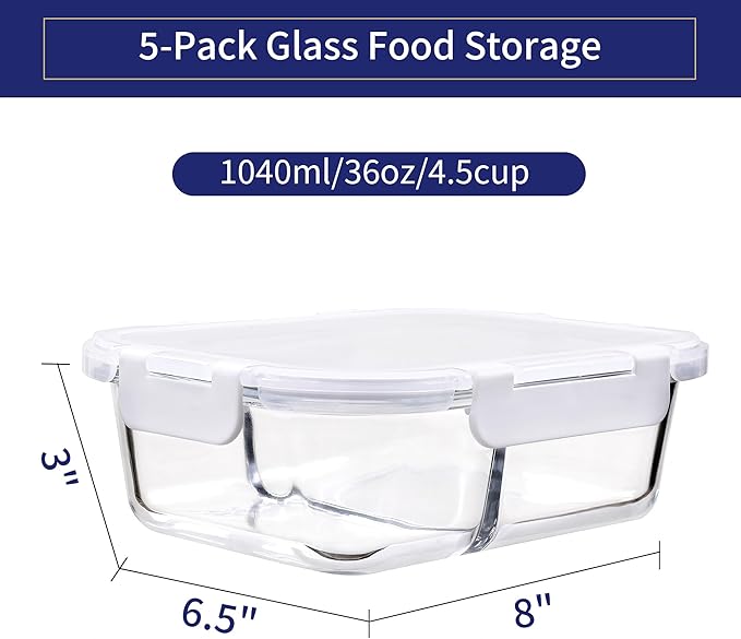 MFY 5-Pack 36 OZ Glass Storage Containers with Lids, Glass Meal Prep Containers 2 Compartment Set, Airtight Glass Lunch Containers with Lids, Microwave, Oven, Freezer and Dishwasher Safe, White