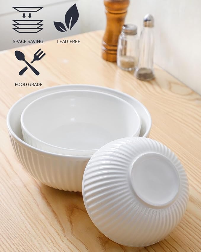 Hasense Ceramic Ribbed Nesting White Bowls 1.5/1/0.5 Qt For Kitchen, Cooking, Baking and Serving Salad Bowls for Pasta, Small Mixing Bowls of 3, Modern Space Saving Dishes for Kitchen