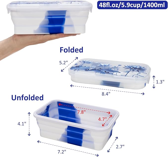 Collapsible Food Storage Containers with Lids in Blue and White Porcelain China Style, 48oz, 4 Pack, Stackable Silicone Containers for Food Lunch, Microwave Freezer Dishwasher Safe, Clear