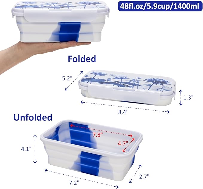 Collapsible Food Storage Containers with Lids in Blue and White Porcelain China Style, 48oz, 4 Pack, Stackable Silicone Containers for Food Lunch, Microwave Freezer Dishwasher Safe, White