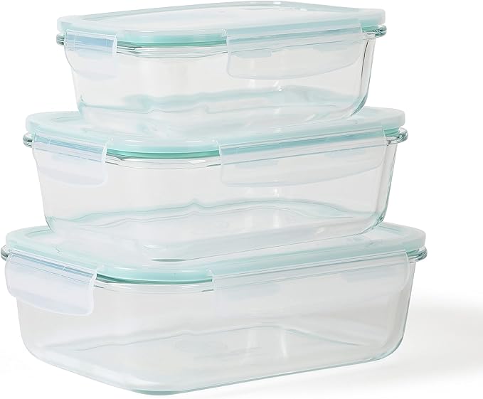 Martha Stewart Seavey 6 Piece 51.4 oz, 35.5 oz, 21.6 oz Square Storage Borosilicate Glass Container Set w/PP Snap Martha Blue Lids