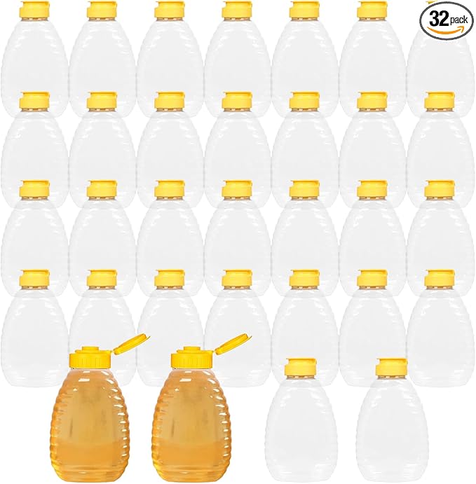 32 Pcs 8.8 oz Clear Plastic Honey Bottles, Empty Honey Bottles with Caps Plastic Skep Style Jar Refillable Honey Containers,Leakproof Honey Containers Holders for Storing Dispensing,Yellow