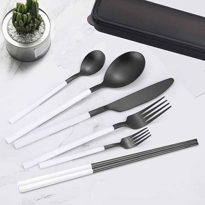AARAINBOW 6 Pieces Stainless Steel Flatware Set Portable Reusable Cutlery Set Travel Utensils Set Including Chopsticks Knife Fork Spoon Straws Cleaning Brush Dishwasher Safe (White&Black)