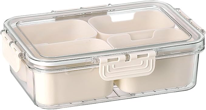 Plastic Divided Serving Tray with Lid and Handle Snack Box Charcuterie Container Portable Snack Platters Organizer for Candy, Fruits, Snacks, Nuts, for Party, Entertaining (White 4 compartments)