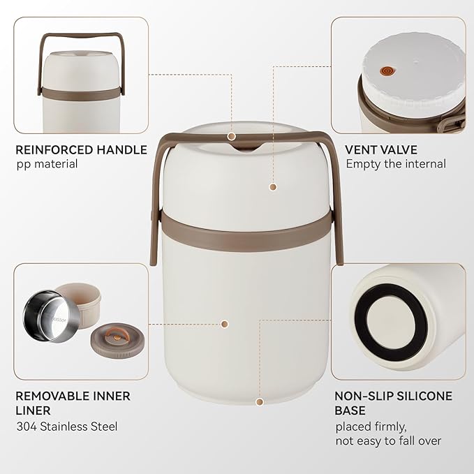 51 oz Adults Vacuum Insulated Wide Mouth Soup Food Thermos Hot Food Jar with Keep Thermal Portable 2 Tier Stackable Bento Hot Food Containers Lunch Boxes (White, 51)
