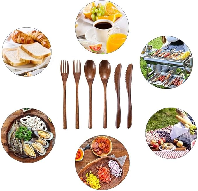 Wooden Spoon Fork Knife Eating Flatware Set Portable Utensil Set with Case, Reusable Wooden Cutlery Travel Utensils Set, 2 Spoons and 2 Forks and 2 Knives