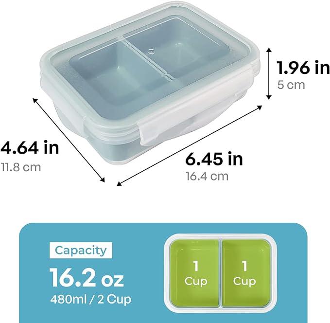 carrotez Food Storage Containers with 2 Removable Compartments, Snack Containers with Airtight Lids, Portion Control, BPA Free, Reusable, 2 Cup (480ml)