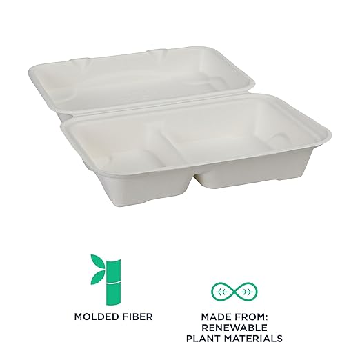 ECO PRODUCTS Compostable Vanguard 9"x6" Clamshell To Go Containers, Case of 250, 2 Compartment, Take Out Food Box, White Renewable Molded Fiber, No-Added PFAS, ASTM Compliant, BPI-Certified