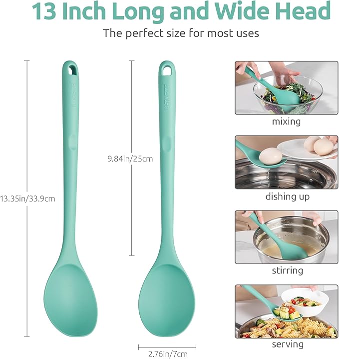 U-Taste 18/8 Stainless Steel Measuring Cups and Spoons Set (Set of 10, Aqua Sky), and 600℉ Heat Proof Long Non-Scratch Silicone Solid & Slotted Cooking Spoon for Mixing & Serving (Set of 2, Aqua Sk