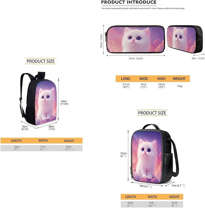 Dolyues White Cat 17-inch School Backpack, Convenient Dual-Shoulder Lunch Bag, & Practical Pencil Pouch – Ideal for Organizing School Supplies & Meals