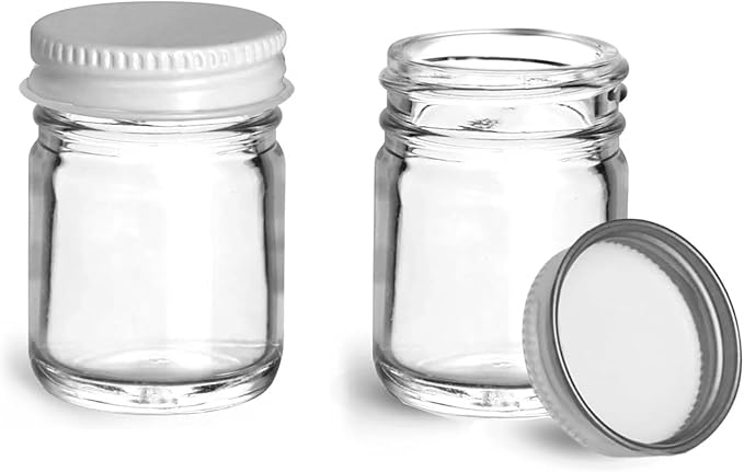 48 Count Small Glass Jars with Lids, 1 oz Clear Glass Jars w/ White Metal Plastisol Lined Caps, Canning Jars, Spice Jars, Food Containers, Empty Glass Jars for Preserves, Spices, Samples, Cosmetics