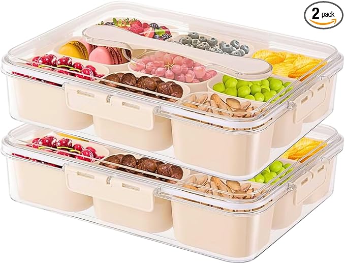 9 Compartment Snack Box Container (Set of 2) – Snack Tray with Lid, Vegetable Tray, Charcuterie Container, Multipurpose Food Storage for Snacks, Vegetables, Fruits, and More