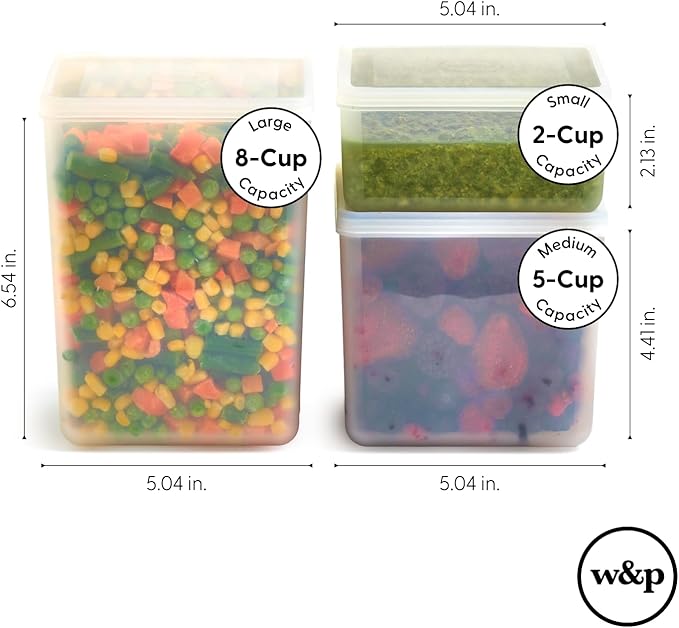 W&P Freezer Cubes- Set of 3 | Reclaim Your Freezer With Tidy Stackable Frozen Food Containers | 16oz, 40oz, 64 oz | Freezer safe, BPA Free, Dishwasher Safe, Microwave Safe (Pack of 5)