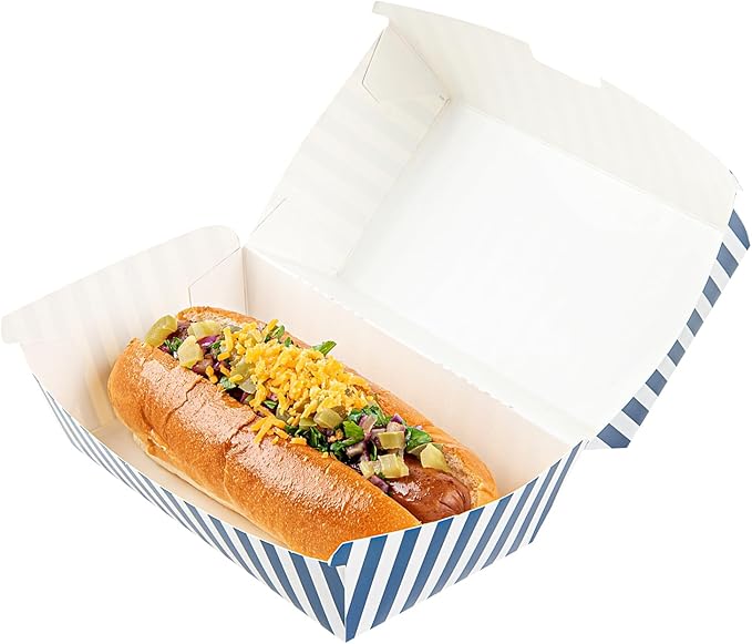 Restaurantware Bio Tek 6.7 x 3.5 x 3.5 Inch Clamshell Food Containers 100 Disposable Sandwich Containers - Hinged Lid Tab-Lock Closure Blue And White Paper Hot Dog Containers Greaseproof