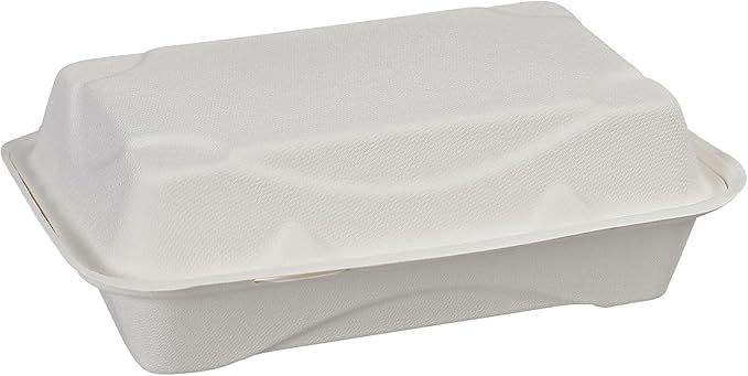 Eco-Products Compostable Vanguard 9"x6" Clamshell To Go Containers, Case of 250, Take Out Food Box, White Renewable Molded Fiber, No-Added PFAS, Grease & Cut Resistant, ASTM Compliant, BPI-Certified