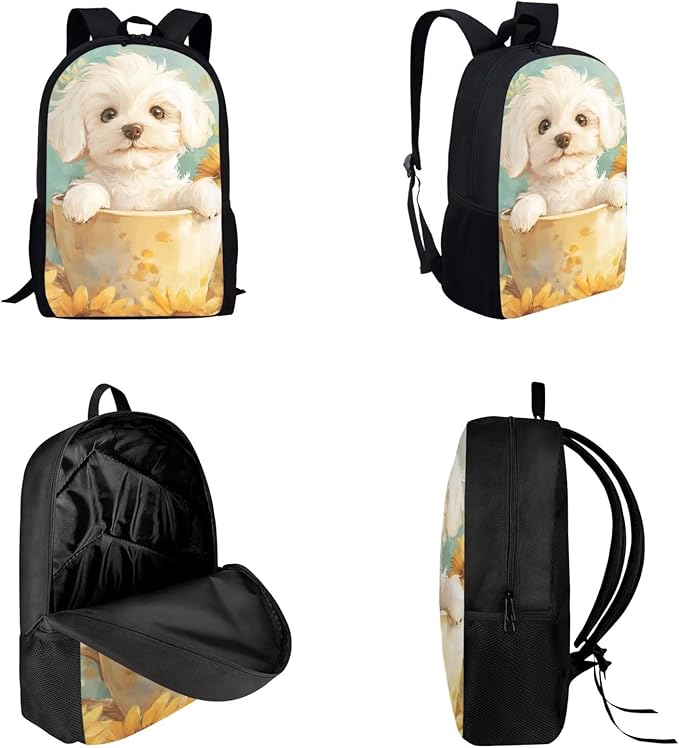 Dolyues Sunflower Cup Dog Girls Backpack Bundle: 17 Inch Children’s Backpack, Double Compartment Lunch Bag & Shimmer Pencil Case - Washable & Scratch-Resistant