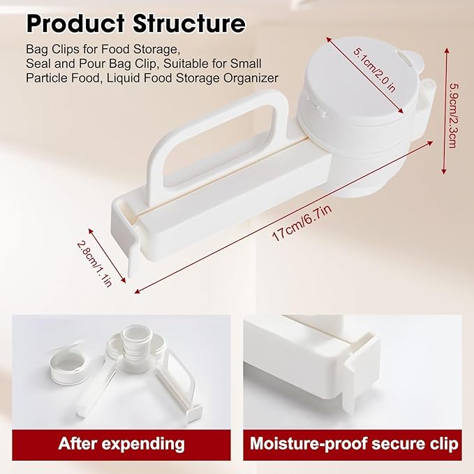 Food Bag Clips With Pour Spout, Food Storage Sealing Clips With Pour Spouts, Snack Clips for Bag With Handle, suitable for small particle food, flour, grains, rice, coffee and other food bags (2pcs)