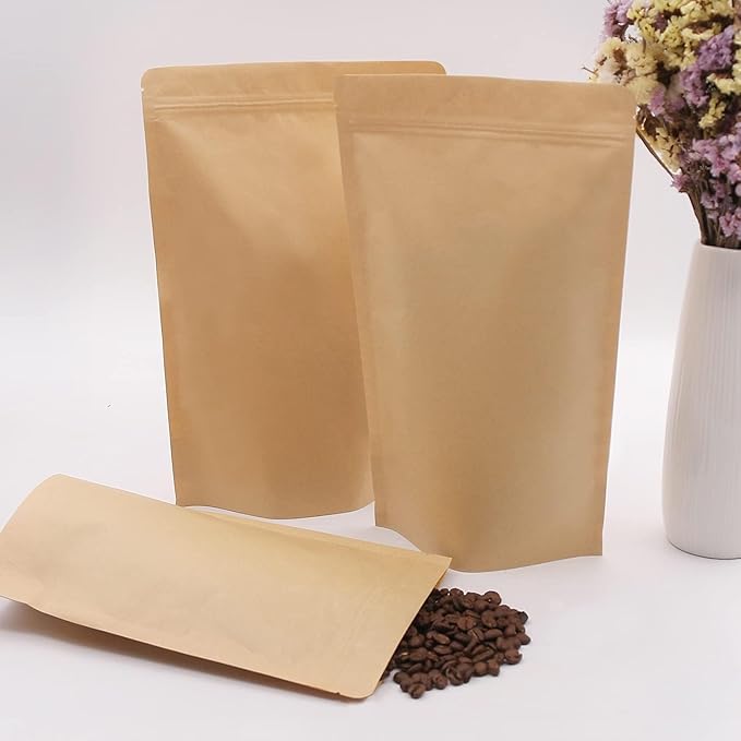 SumDirect Kraft Stand Up Pouches - 100 Pack Self-Sealing Zipper Food Storage Reusable Bags with Foil Lined for Home or Business (7x12 Inch,100PCS)