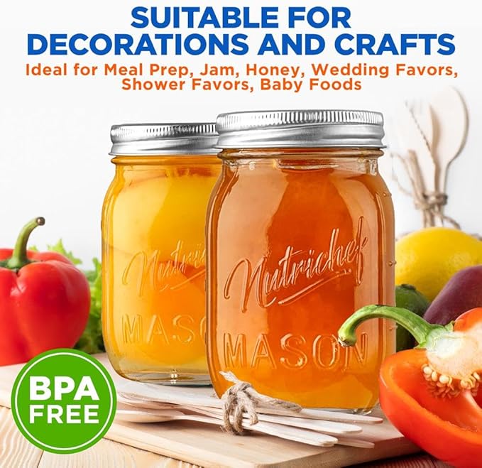 NutriChef 16-Pack 16 oz Mason Jars with Lids - Thick Glass Canning Jars with Stainless Steel Lids - Ideal for DIY Spices, Meal Prep, Overnight Oats, Jelly, Jam, Honey, Candles, Crafts, & More