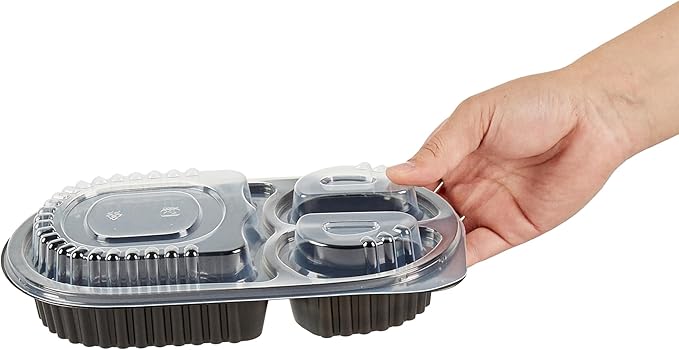 Restaurantware RW Base 19 Ounce Meal Prep Containers, 100 Microwavable To Go Containers With Lids - 3 Compartments, Disposable, Black Plastic Oval Food Containers, For Hot And Cold Food, Freezable